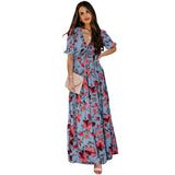 GREATNFB European and American Foreign Trade Floral Print High Waist Dress Women's Summer  New Waist Slimming V-Neckline Long Skirt Women