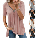 GREATNFB  Summer New European and American plus Size Women's Clothes Casual T-shirt Solid Color and V-neck Loose Zip Short Sleeve Top