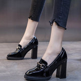 Pumps Women's High Heel Chunky Heel Square Toe Metal Buckle High Heels 2022 New Patent Leather Korean Small Leather Shoes Cross-Border Women's Shoes