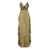 2025 women's onesie deep V suspender wide-leg jumpsuit  ruffle edge satin backless jumpsuit women