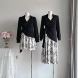 2025 Ink and wash splicing long-sleeved dress, thin design sense, waist length and short girlfriend model  new long skirt