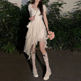 Tea Break Gentle Ruffled Irregular White Dress Summer New Style Platycodon Grandiflorum  Fairy Princess Short Skirt