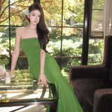 2025 Green sexy tube top dress women's  high-end slim-fitting straight knitted long dress seaside vacation beach dress