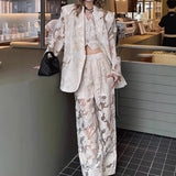 Spring clothes are matched with a complete set of cold wind, high-end sense, light luxury, apricot hollow lace suit, vest three-piece suit for women