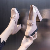 Pumps Women's High Heel Chunky Heel Square Toe Metal Buckle High Heels 2022 New Patent Leather Korean Small Leather Shoes Cross-Border Women's Shoes