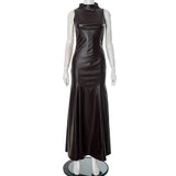 GREATNFB F24DS288 2025  women's clothing new sexy slim-fitting high stand-up collar sleeveless fishtail leather dress