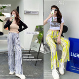 greatnfb Summer New Tie-Dyed Pleated Wide-Leg Pants Women's High Waist Thin Straight Organ Pants Casual Loose Draggle-Tail Trousers Women's