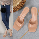 Patent Leather High Heel Slippers Women's Summer  New Fairy Style Square Toe Stiletto Heel Outer Wear plus Size Women's Slippers