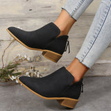 GREATBFB Cross-Border Foreign Trade plus Size British Style Bootie Women's Pointed Toe Chunky Heel Back Zipper Suede Low Heel Shoes Martin Boots