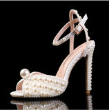 greatnfb Autumn New Peep Toe High Heels Stiletto Heel Low-Cut Rhinestone Pearl Women's Thin Shoes Wedding Bridal Wedding Shoes