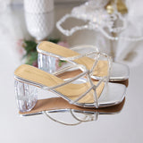 Women's Thick Heel High Heels  Summer New Rhinestone Transparent Outdoor Slippers Fashionable All-Match Temperament Strap Sandals