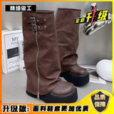 GREATNFB British Style Martin Boots for Women  New Autumn and Winter Fleece-lined Platform Ankle Boots Small Pants Boots Brown Pile Style Boots