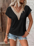 GREATNFB  In Stock   Summer Foreign Trade V-neck Lace Stitching Jacquard T-shirt Popular Loose Casual Women's Top