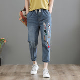 greatnfb Jeans Women's Spring and Autumn New Embroidered High Waist Retro Tattered Jeans Women's Pants Harem Pants Cropped Pants plus Size