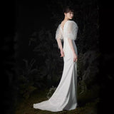 Light Wedding Dress New Spring Hepburn Pearl Puff Sleeve Dress Satin Fishtail Temperament Slimming Travel Shooting Wedding Dress