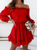 GREATNFB Europe and America Cross Border Spring and Summer New Ladies Solid Color Sweet off-Neck Long Sleeve Waist Dress