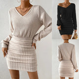 Popular trade 2025 women's clothing  popular autumn and winter polished pit strip V-neck long-sleeved waist-wrapped hip dress