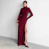 GREATNFB F24DS203 2025 women's clothing autumn new temperament turtleneck long-sleeved slim-fitting high-waisted pleated split-ended long dress