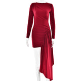 2025 New new  women's dress sexy round neck long-sleeved pleated streamer slim hip dress