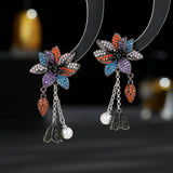 2025 S925   retro court style earrings women's zircon inlaid three-dimensional flowers fringed pearl bell earrings