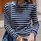 2025 popular autumn new Popular style age-reducing color matching striped long-sleeved t-shirt fashionable slim and thin inner bottoming shirt women