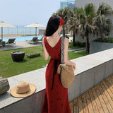 2025 print dress sexy deep V-neck slim-fit vest dress women's summer red skirt seaside vacation style