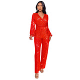 Hot trade women's fashion babes long-sleeved deep V jumpsuit  party sequined belt jumpsuit women's wholesale