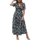 GREATNFB European and American Foreign Trade Floral Print High Waist Dress Women's Summer  New Waist Slimming V-Neckline Long Skirt Women