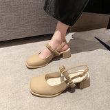 Closed Toe Sandals for Women  New Summer Real Soft Leather Medium Chunky Heel Pumps Mary Jane Temperament Commute High Heels