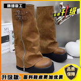 GREATNFB British Style Martin Boots for Women  New Autumn and Winter Fleece-lined Platform Ankle Boots Small Pants Boots Brown Pile Style Boots