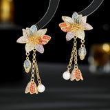 2025 S925   retro court style earrings women's zircon inlaid three-dimensional flowers fringed pearl bell earrings