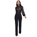 Hot trade women's high-necked lace crochet jumpsuit Wish fashion solid color chiffon long-sleeved high-waisted jumpsuit