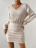 Popular trade 2025 women's clothing  popular autumn and winter polished pit strip V-neck long-sleeved waist-wrapped hip dress