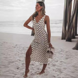 GREATNFB 2025 Knitted Slim V-Neck Dress Contrast Color Jacquard Crocheted Dress Vacation Dress