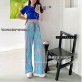 greatnfb Summer New Tie-Dyed Pleated Wide-Leg Pants Women's High Waist Thin Straight Organ Pants Casual Loose Draggle-Tail Trousers Women's