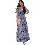 GREATNFB European and American Foreign Trade Floral Print High Waist Dress Women's Summer  New Waist Slimming V-Neckline Long Skirt Women