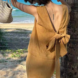 2025 summer casual style brown bow sleeveless top skirt two-piece set women