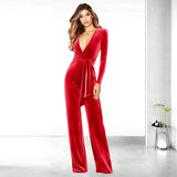 New solid color Korean velvet deep V jumpsuit Popular trade independent station long sleeve high waist wide leg jumpsuit women