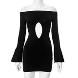 GREATNFB Q24DS492 2025 New women's clothing autumn new temperament one-word shoulder long-sleeved hollow slim-fitting high-waisted dress