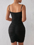 Ruched Bodycon Spaghetti Dress, Sexy Backless V-neck Cami Dress, Women's Clothing