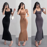 2024 Summer Solid Color Slim Long Dress Women Short Sleeve Skinny Bodycon Maxi Dresses Woman Square Collar Party Vestidos Mujer