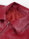 greatnfb Women Red Lapel Zipper Leather Cropped Coat Autumn Casual Long Sleeve Patchwork Jacket 2024 Winter Fashion New Office Streetwear