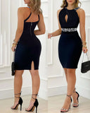 New Sexy Women Black Rhinestone Decor Sleeveless Party Dress Elegant Halter Bodycon Mini Skinny Dresses