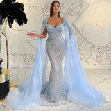 Serene Hill Blue Arabic Luxury Beaded  Mermaid Cape Sleeves Evening Dresses Gowns 2024 For Women Wedding Party LA71715