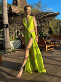 Sexy Hollow Out Knot Split Long Women's Dress Sleeveless Pleated Irregular Robes 2024 Elegant Female Chic Evening Beach Vestidos