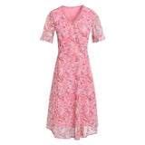 Women Summer Casual Dress Ladies Middle-aged Print Short Sleeve Pleated Dresses Female Vintage V-neck Vestidos