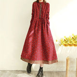 Floral Long-Sleeved Cotton Linen Dresses For Women O-Neck Vintage Long Lace Dress Female Spring Loose Slim Elegant Vestidos