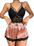 greatnfb Women's Pajamas Set Sexy Transparent  Black Lace Tight Tank Top + Silk Shorts 2pcs Nightwear Summer Home Clothes