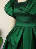 Puff Sleeve Ball Gown Dresses Plus Size Elegant Ladies High Waist Pleated Dark Green Ruffles Shiny Midi Evening Party Outfits