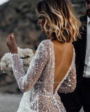 Mordern V- Neck Sequins Wedding Dresses Long Sleeves Floor Length Backless Bridal Gowns Robe De Marié